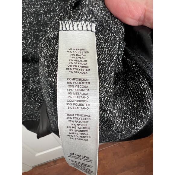 Chico's Size 2 US Large Black Silver Metallic Sweater Faux Leather Shoulders - Picture 7 of 9